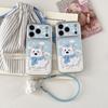 Adorable Puppy Snowy Blue Embroidered Dog & Charm Strap Phone Case for iPhone 17 16 15 14 11 12 13 Pro Max Plus Back Cover