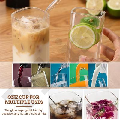 Square Heat-resistant Coffee Glass with Lid and Straw Transparent Milk Tea Juice Cup Coffee Cup High Value Transparent Simple