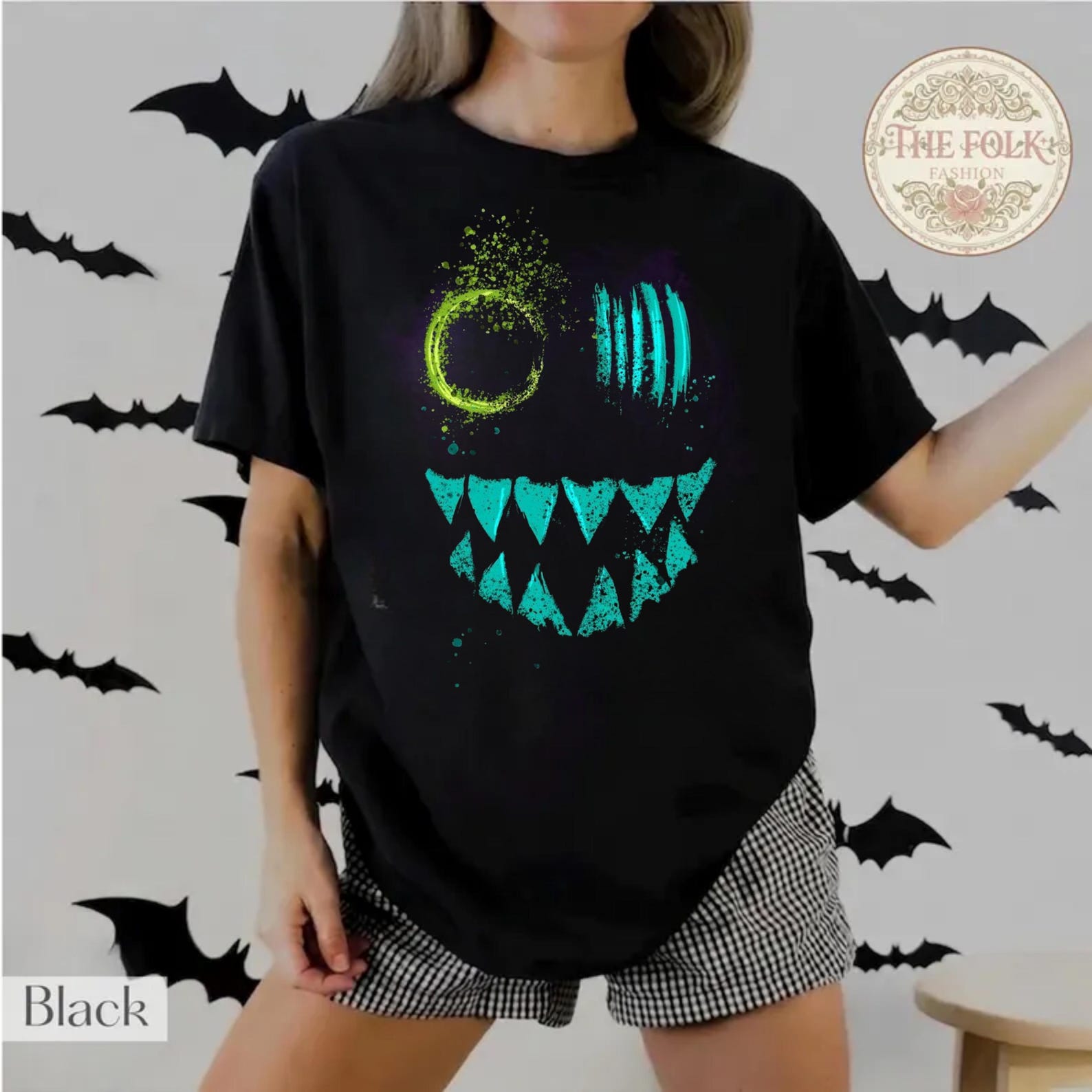 Neon Creepy Smile Shirt, Grunge Monster Face Tee, Cyberpunk Spooky Teeth T-shirt, Edgy Pastel Goth Tee, Trendy Halloween Shirt L