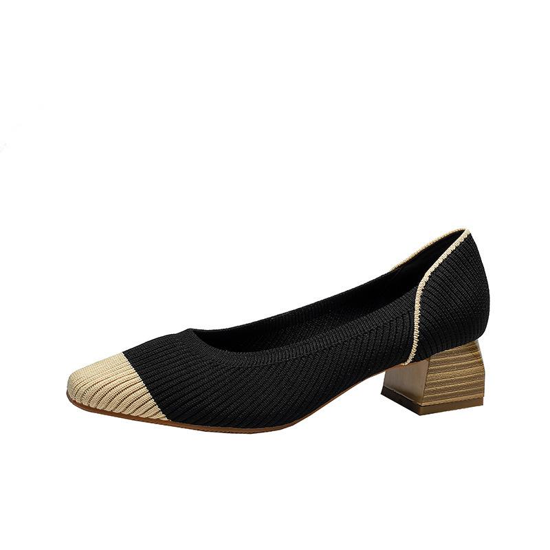 

Туфли-лодочки на среднем каблуке с квадратным носком женские с мелким вырезом новые плетеные на одну педаль на мягкой подошве на толстом каблуке на высоком каблуке 40