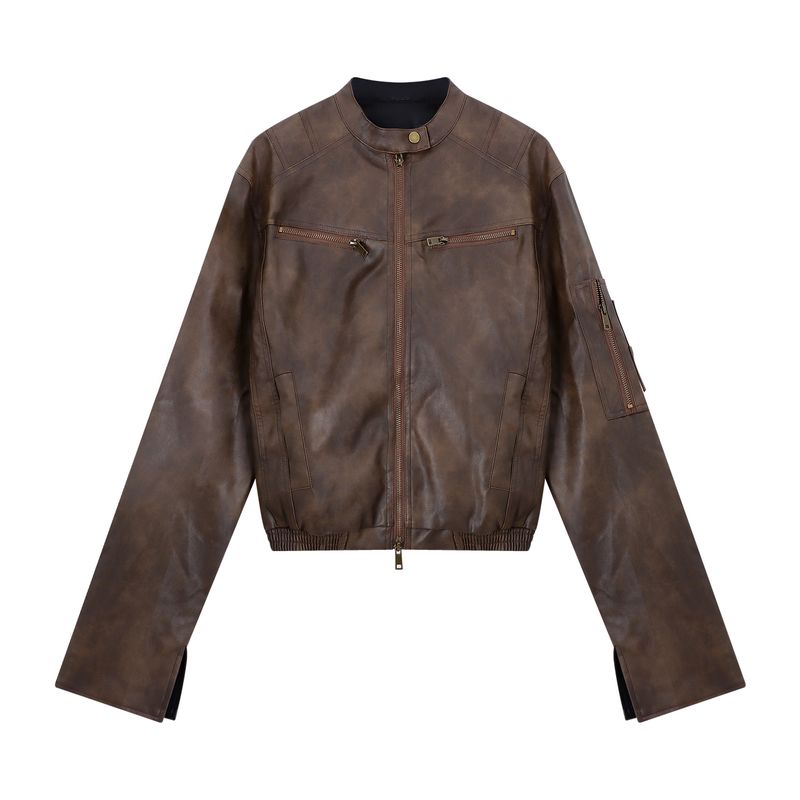 

Кумикуми Высокий стиль Американский винтаж Розовое кожаное пальто Верхняя одежда Женщины Осень Свободное Похудение Универсальная куртка Топ Curry color L