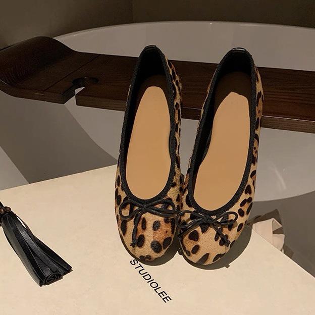 Grape Family Cowhide Pony Hair Leopard Print Bow Flats - Women’s Versatile Round Toe Casual Shoes