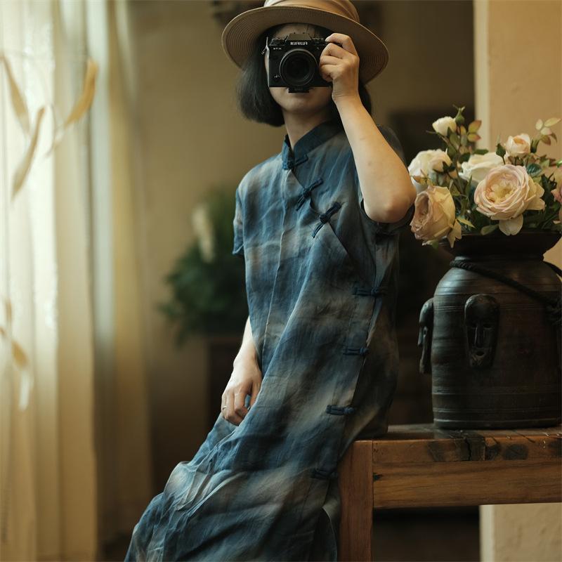 Johnature Women Vintage Print Floral Dress Stand Short Sleeve Summer Button A-Line Chinese Style Dress