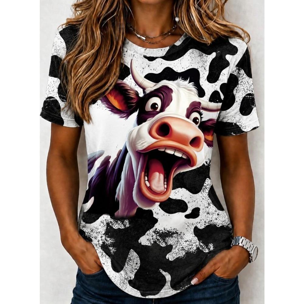 Fashion Women Retro Creative Cow Pattern  Print T Shirt Funny Casual O-neck Short Sleeves T-shirt Summer Female Tee Shirt