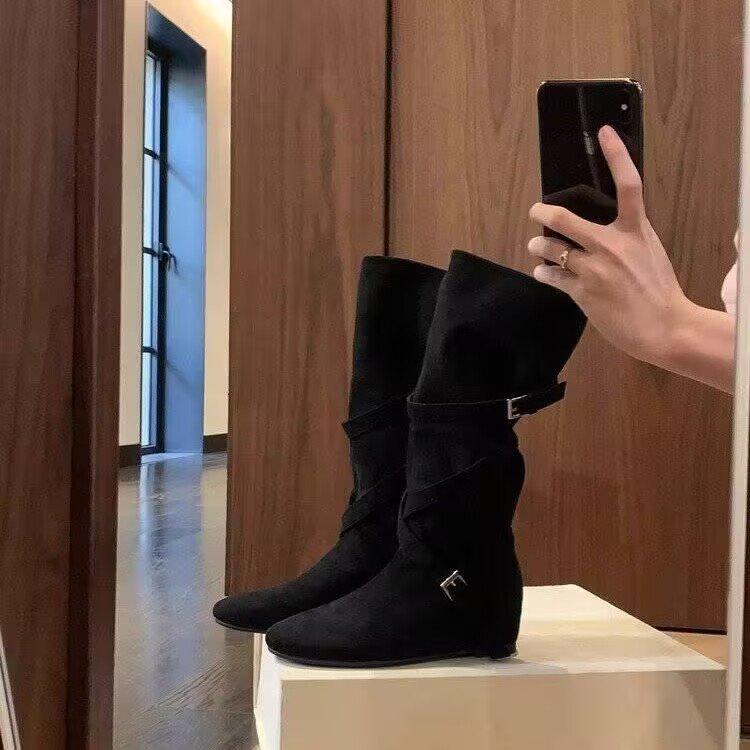 [Spot version] Norwegian stacking boots~ 5cm inner height increase cross buckle medium and high cowboy boots women's western boots