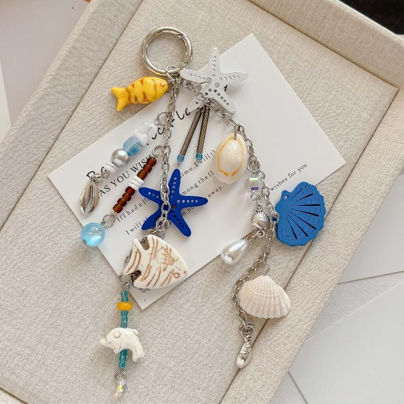 1Pcs Summer Themed Key Chain Scallop Shell Starfish Pendant Handmade Cute Decor for Women Daily Use Bag Car Key Gifts