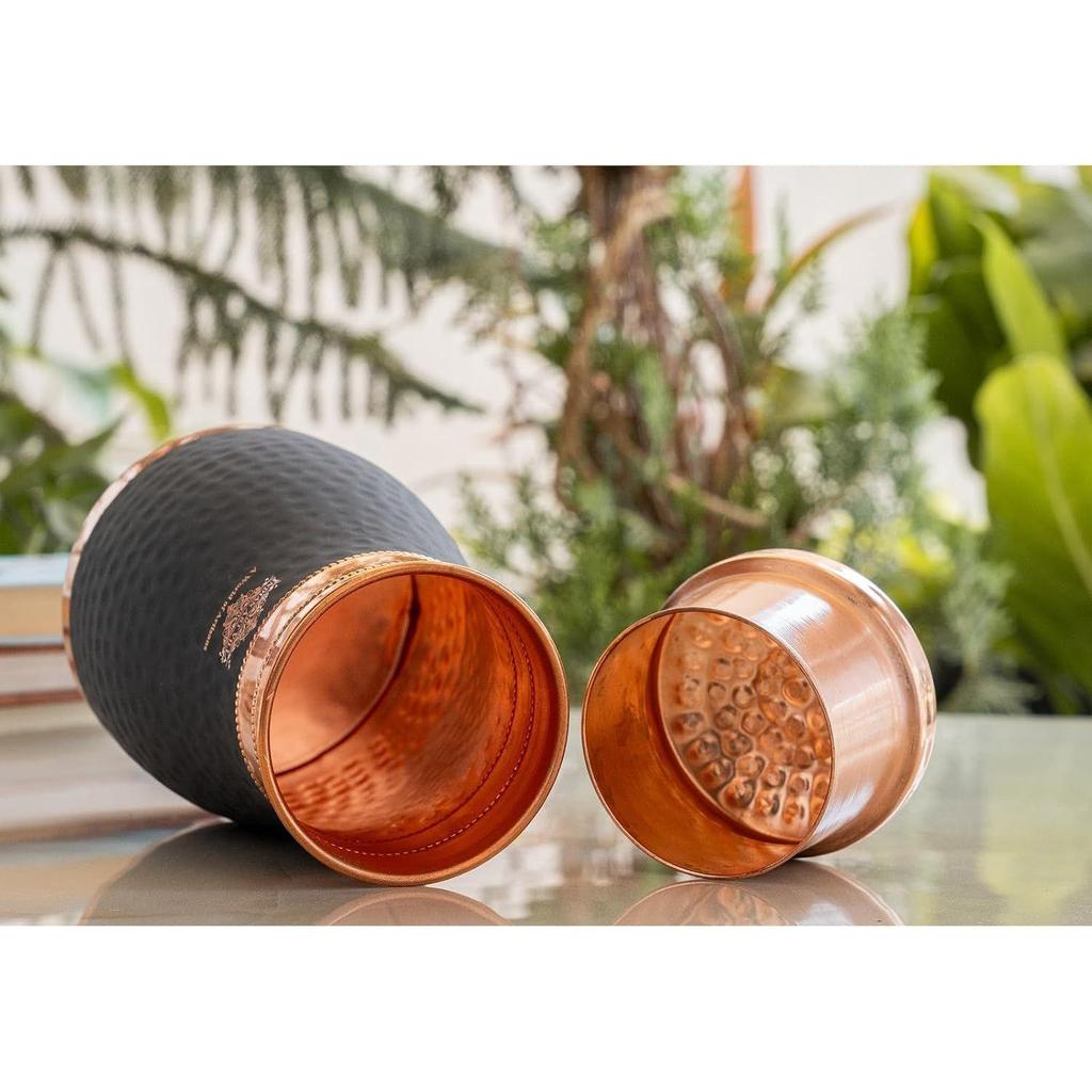 Pure Copper Bedroom Bottle with Inbuilt Glass, Grey Silk Finish Hammered Design - Drinkware & Storage Purpose, Volume 900 Ml (Pack of 1)