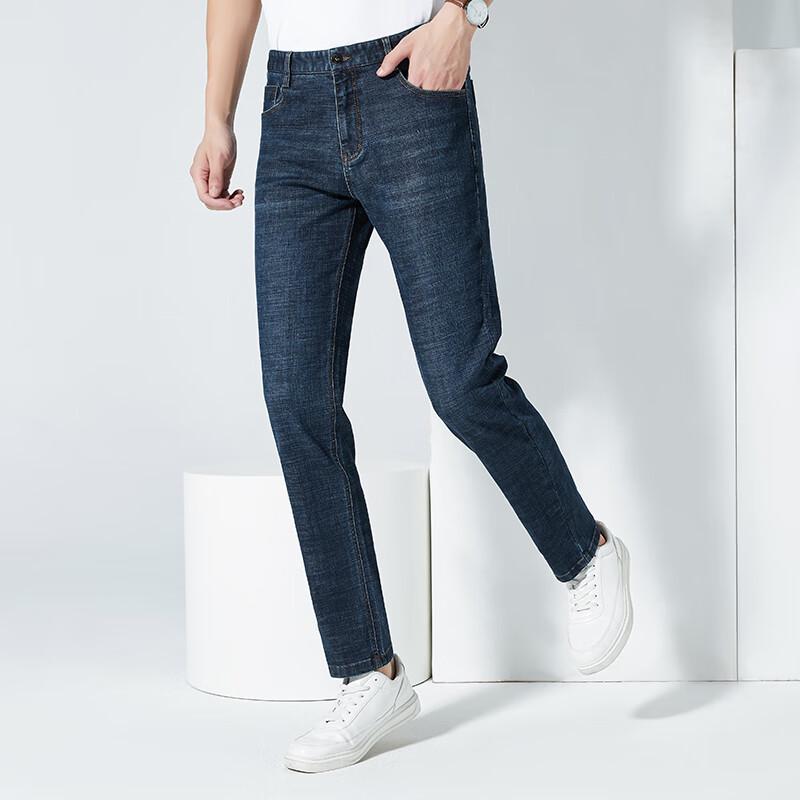 Fengxun Men's Thick Washed Stretch Straight-Leg Denim Jeans FXL6K135-B4