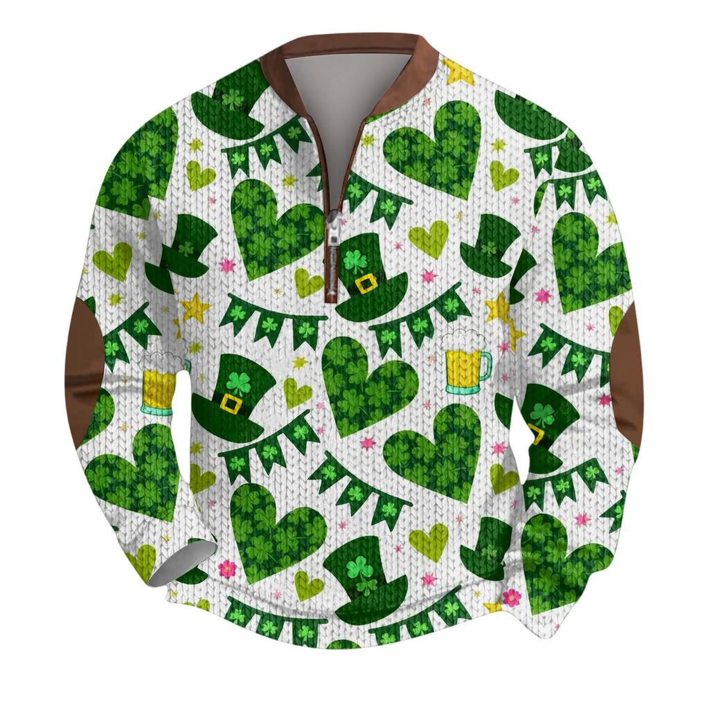 Mens Christmas Sweater Zip Up Sweatshirts Vintage Knit Graphic Sweatshirt St. Patrick's Day Stand Collar Pullover