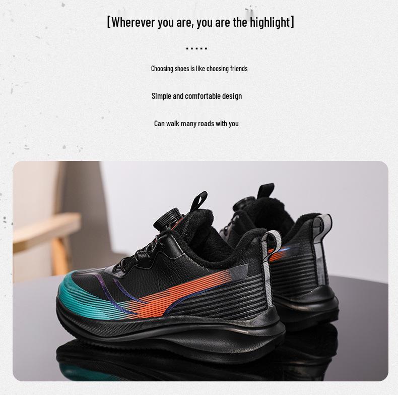 Boys' Winter 2025 Fleece-Lined Leather Running Shoes for Medium & Large Children, Warm Sports Cotton Shoes