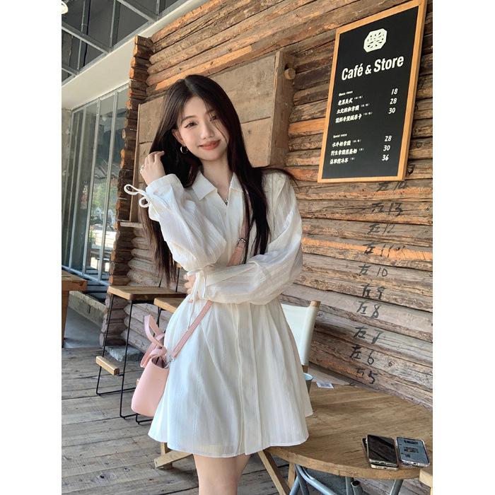 

Korean white small lapel dress, new autumn long-sleeved lace-up, thin waist A-word short skirt is stylish 2XL
