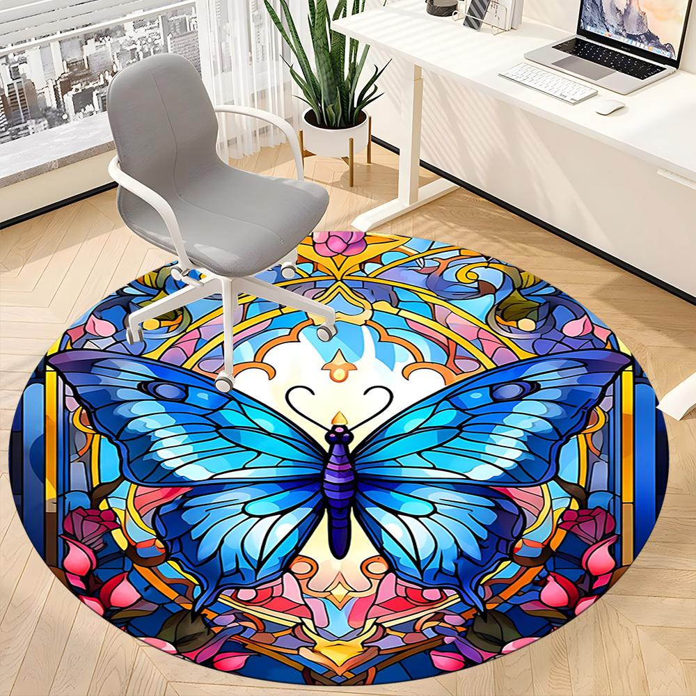 1pc Butterfly StainedGlass Office Round Area Rug, Under Office Chairs Bedroom Living Room Home Decor, Room Deco
