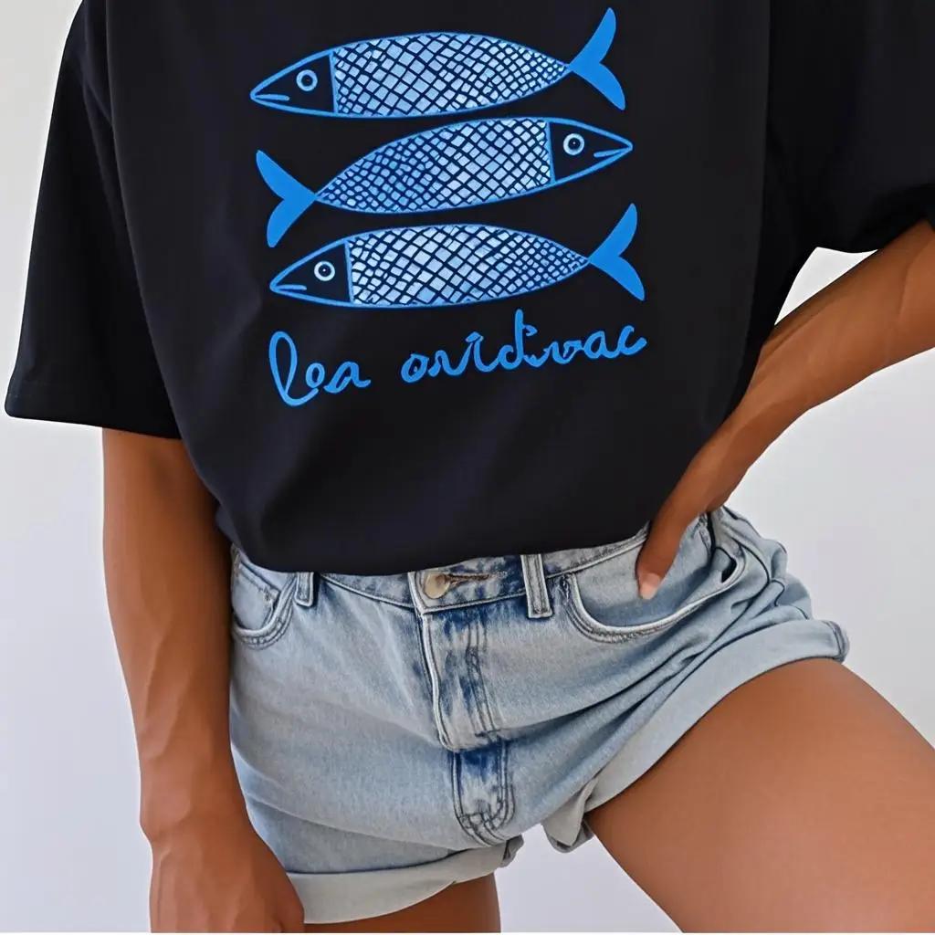 INAWLY Sardine Print Women T Shirt Canned Fish Casual Shirt Tomato Girl Coastal Summer Girl Fashionable Casual T-shirt