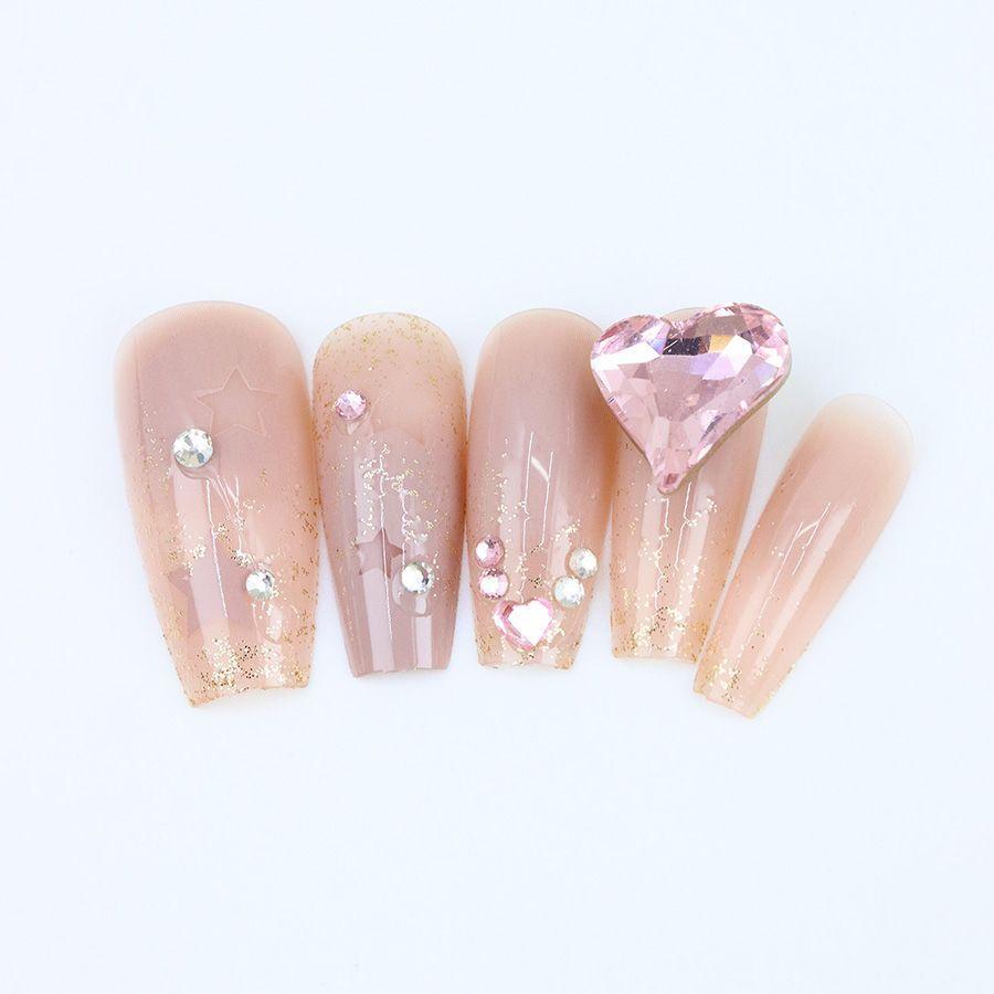 24 Pieces New Product Sweet Fairy Gas Long Love Pink Diamond Flash Hollow Stars Wear Nail Unloading Nail Art