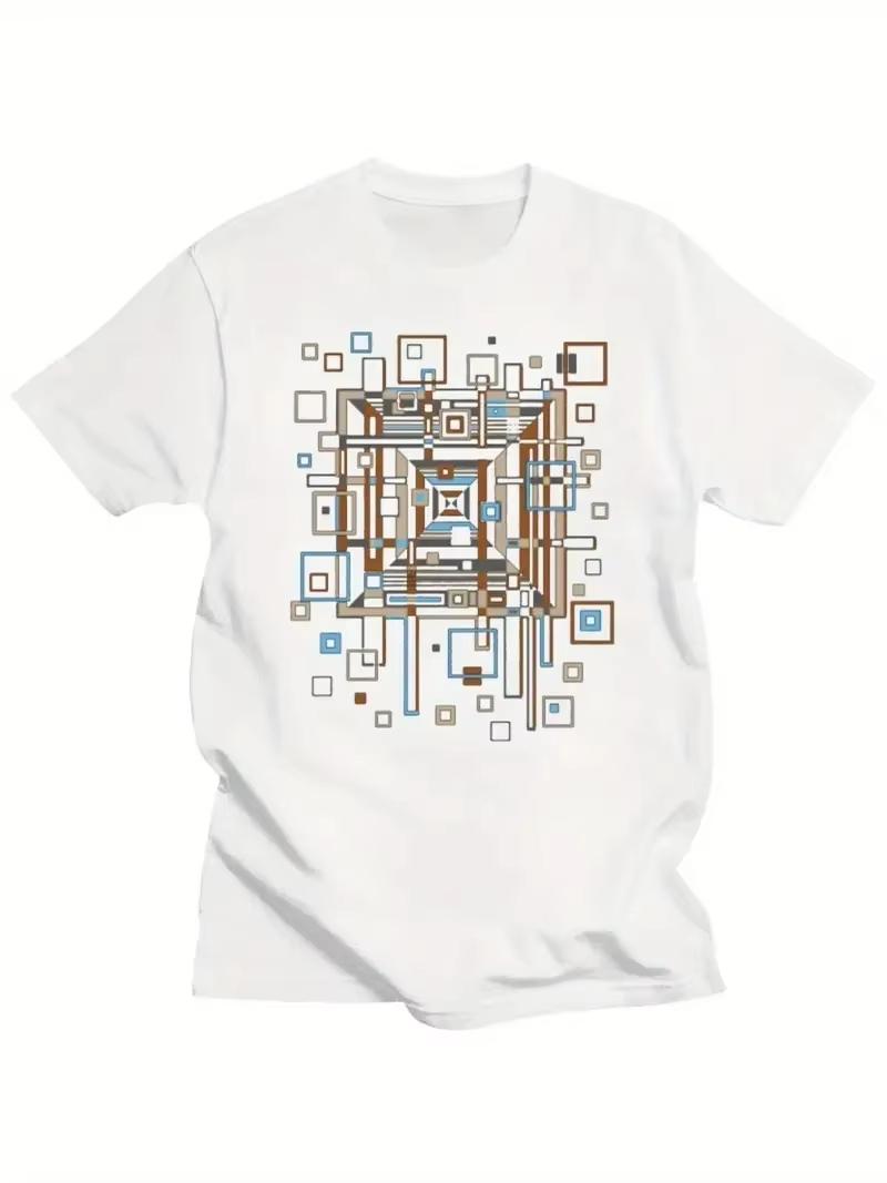 Men Cotton Abstract Geometric Art TShirt Black Modern Blue Brown Beige White Print Crew Neck Short Sleeve Regular Fit Casual 2XL