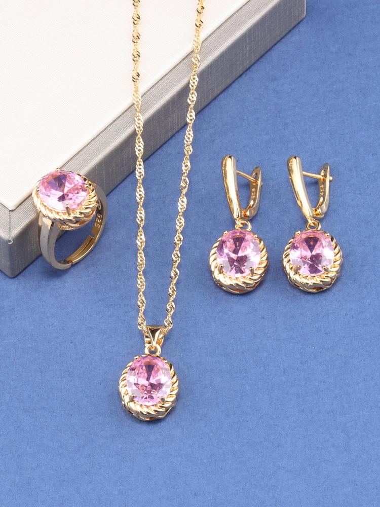 Romantic Wedding Fashion Women Accessories Necklace And Earrings Ring Colorful Zircon Sets  Gold Plated Jewelry For You Gift