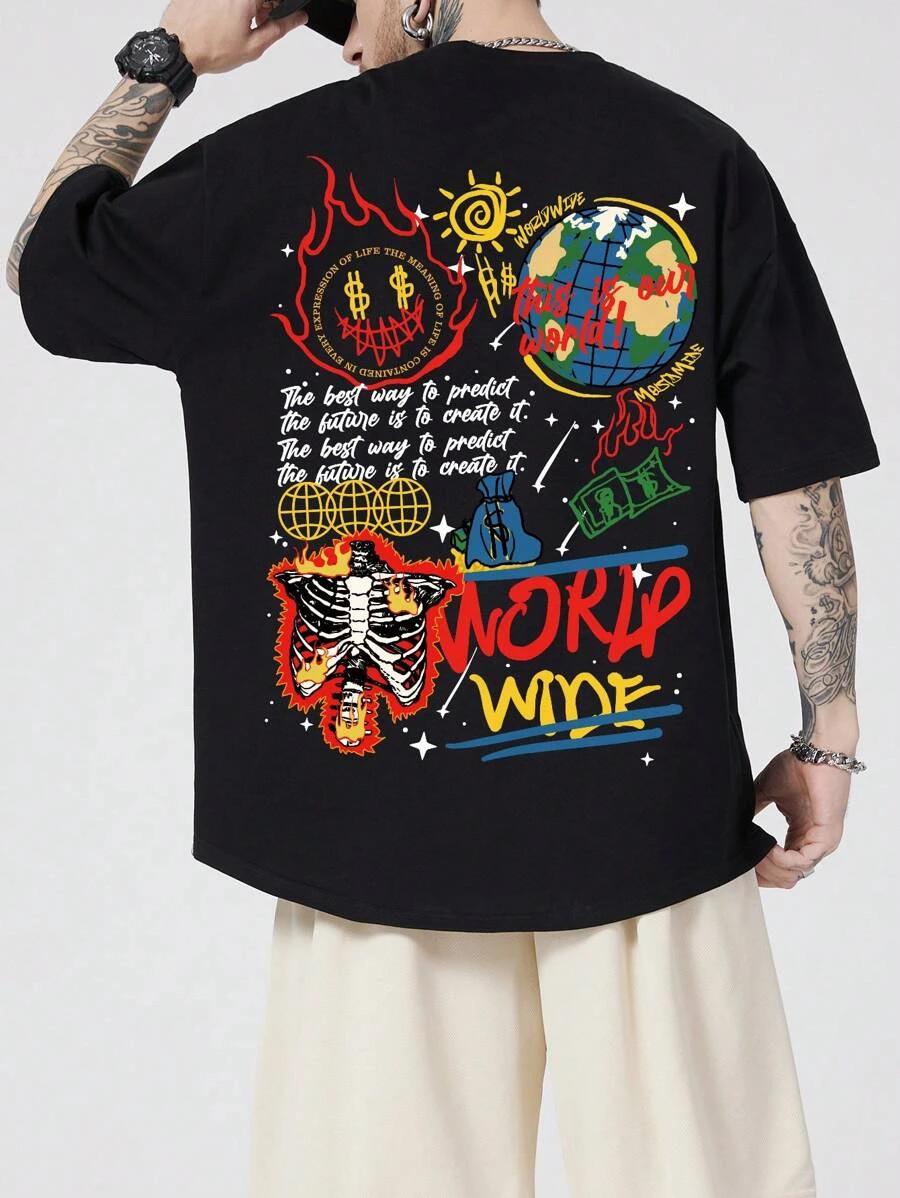 Street Life Men Slogan Skeleton Graphic Y2K T-Shirt – Halloween Skull Print Tee L