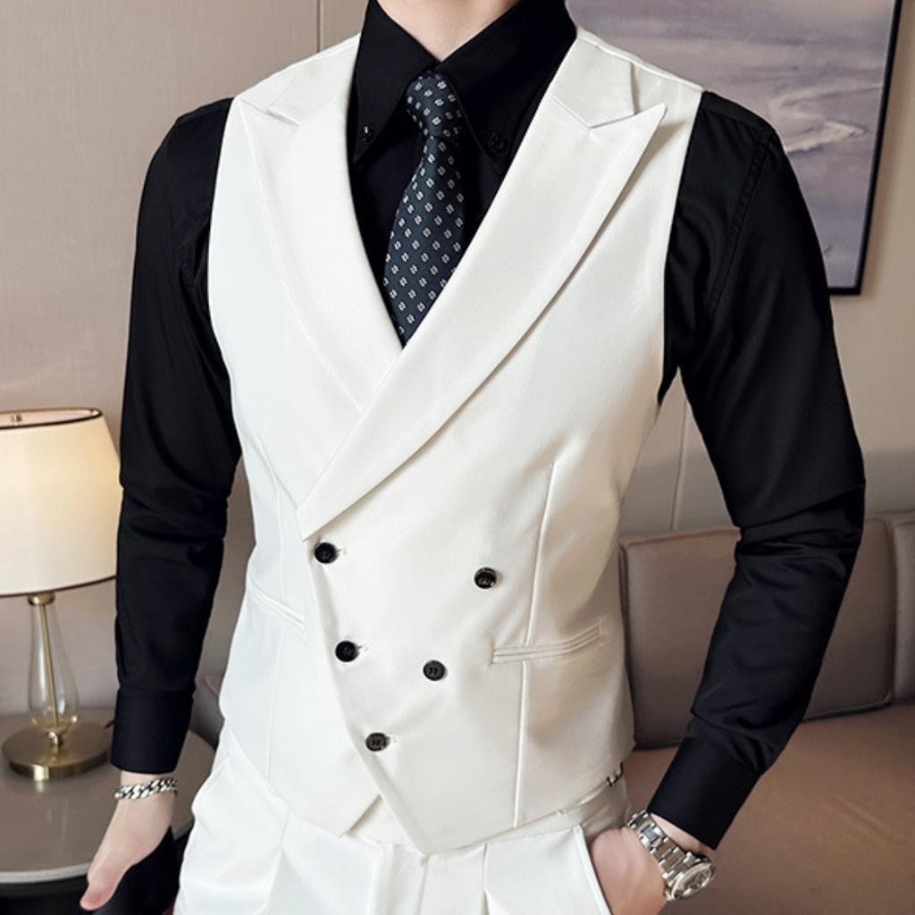Gilet da Uomo Nero con Revers Monocolore a Doppio Bottone per Matrimonio Sposo Banchetto Business Casual Lavoro Quotidiano Gilet da Abito da Uomo