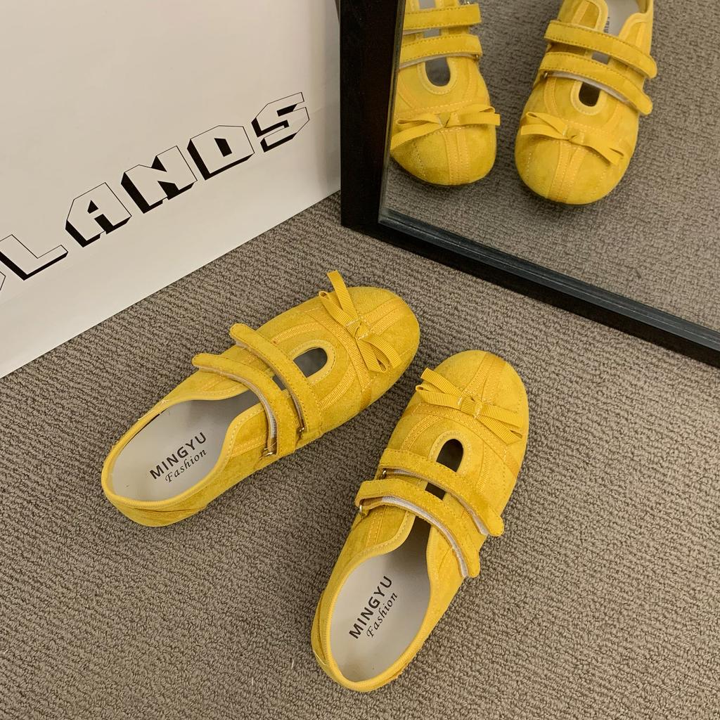 2025 Spring and Autumn New Flat Bottom Solid Color Casual Shoes Matte Bow Velcro Comfortable Soft Sole German Training Shoes Women