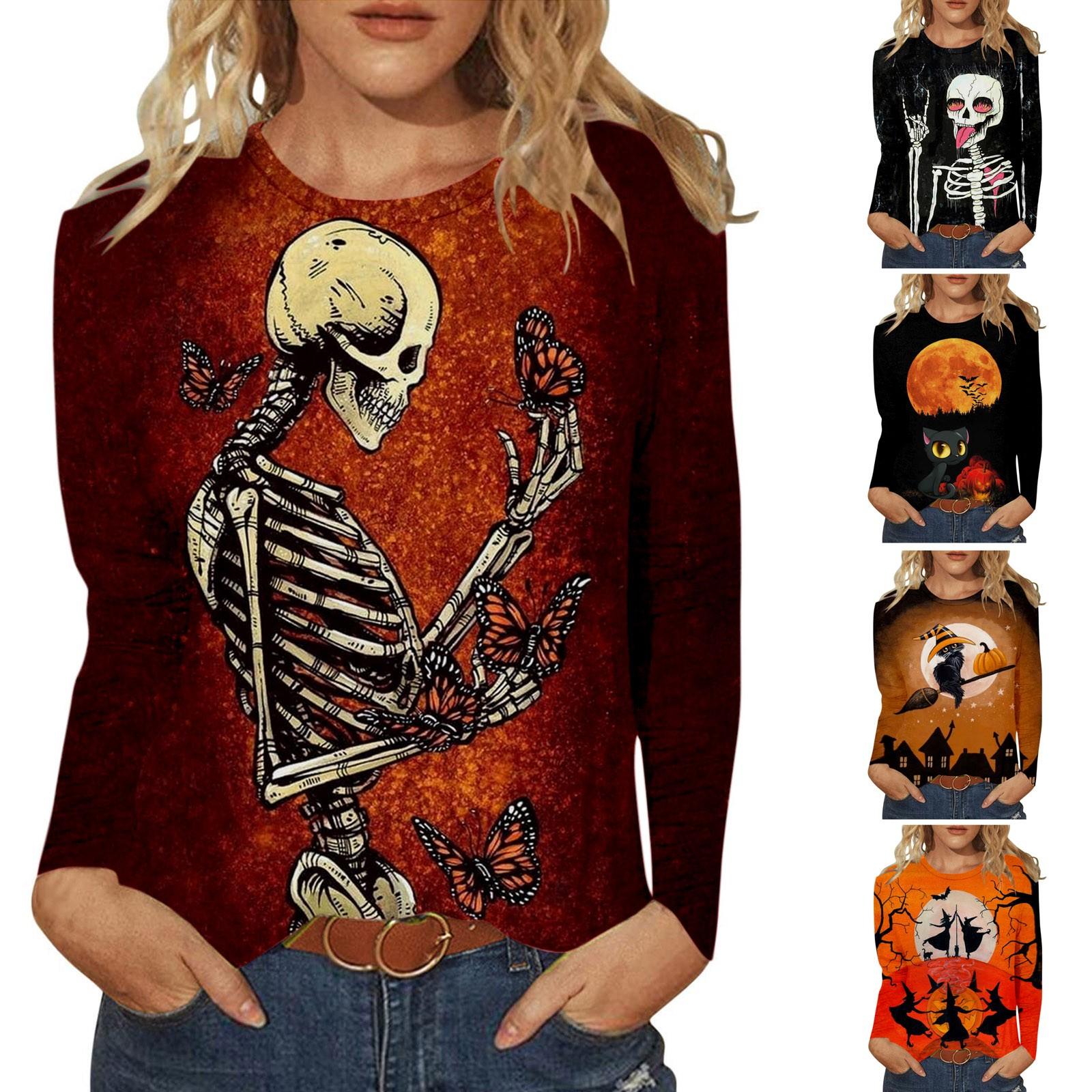 

Женская повседневная модная футболка с длинным рукавом и принтом на Хэллоуин