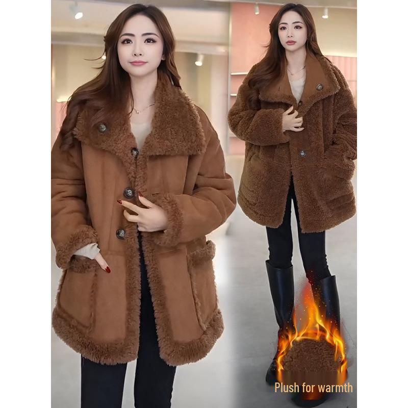 Autumn/Winter 2025 Women's Mid-Length Fleece-Lined Lambswool Reversible Fur Coat