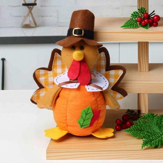 Seasonal Indoor Ornament Thanksgiving Plush Turkey Doll, Stuffed Animal Figurine, Autumn Soft Plushie Harvest Tabletop Decoration for Home Desktop