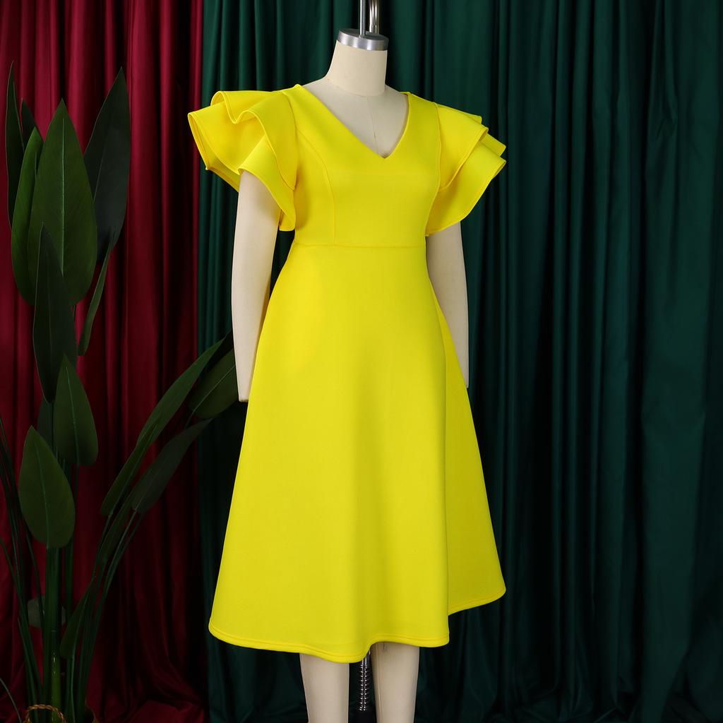 YYFS Dámská móda Léto Jaro Jednobarevný potisk Neformální šaty s krátkým rukávem a výstřihem do V s vysokým pasem