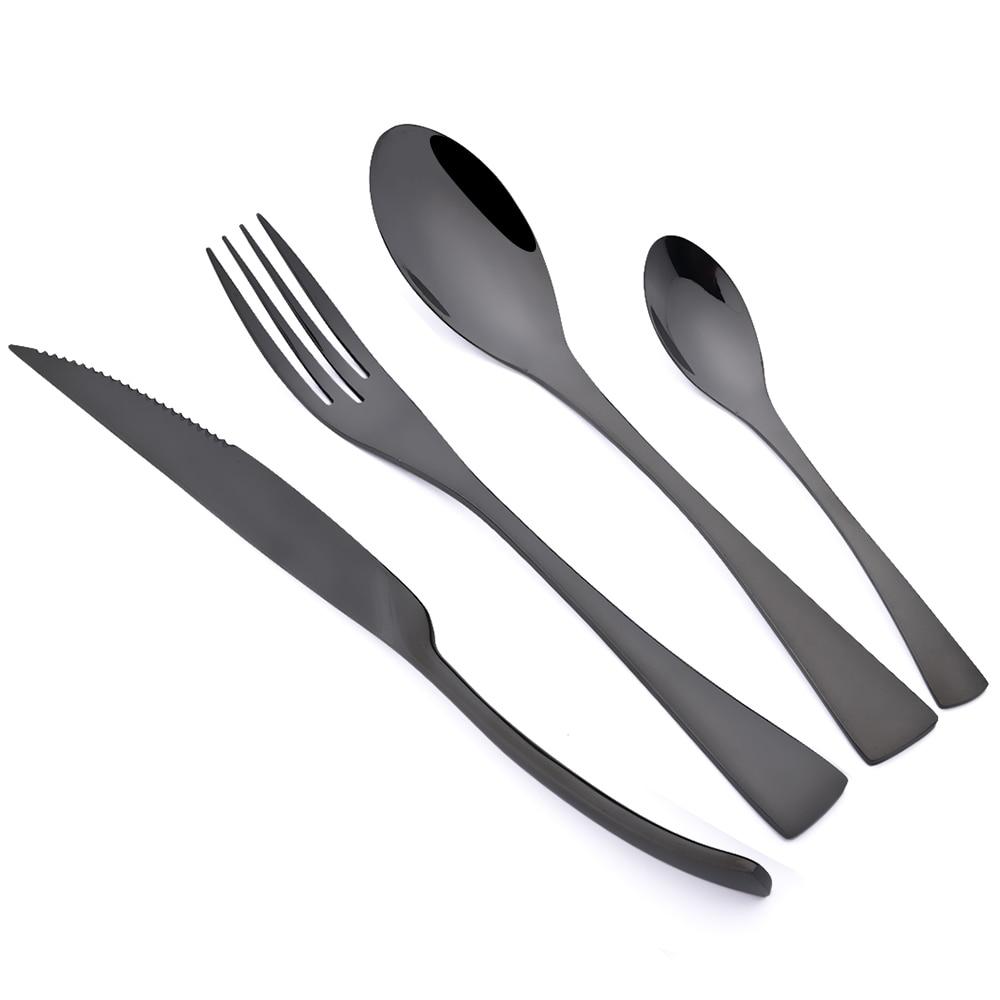 24Pcs Shiny Black Dinnerware Set Steak Knife Fork Coffee Spoon Cutlery Set Stainless Steel Tableware Western Kitchen Flatware