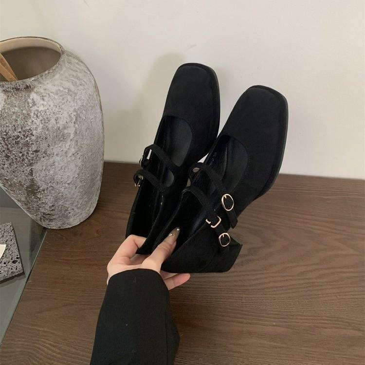 Thick heel square head Mary Jane shoes women's shoes spring and autumn 2025 new suede light mouth word with temperament versatile single shoes