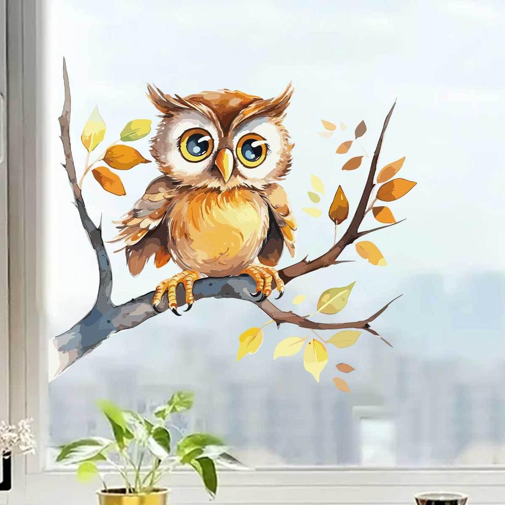 Cute Cartoon Owl On Branch Window Stickers, Double-Sided Visible Glass Door Decals for Home Decoration