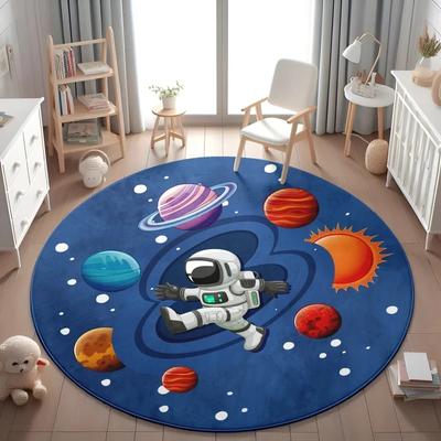 Planets Astronauts Playmat Round Rug Living Room Decor Sofa Rug Kid's Play Mat Boys Bedroom Bedside Rug Play Reading Area Rug