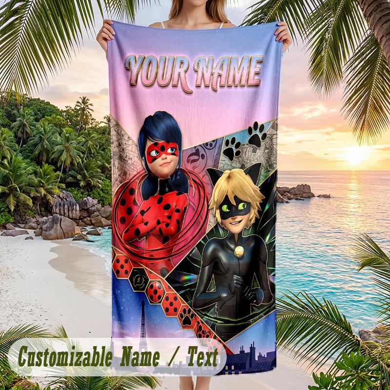 Miraculous Ladybug Strandtuch, Personalisiert mit individuellem Text, Schnelltrocknendes weiches großes Handtuch für Schwimmbad und Reisen