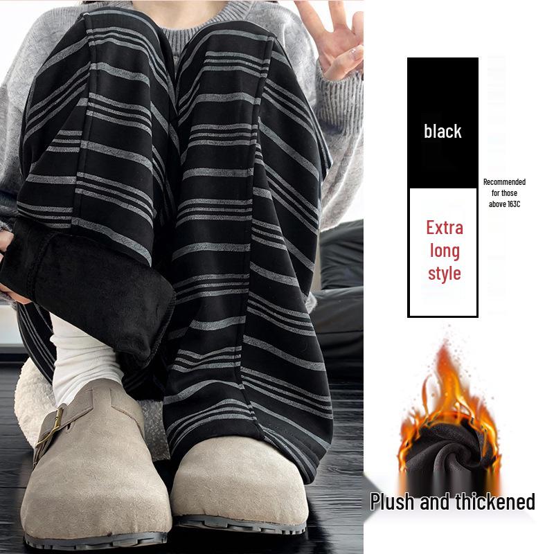 Women's High-Waist Fleece-Lined Striped Wide-Leg Pants for Autumn and Winter