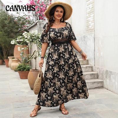 Übergröße Damen Sommer Vintage Kleid mit quadratischem Kragen und kurzen Ärmeln