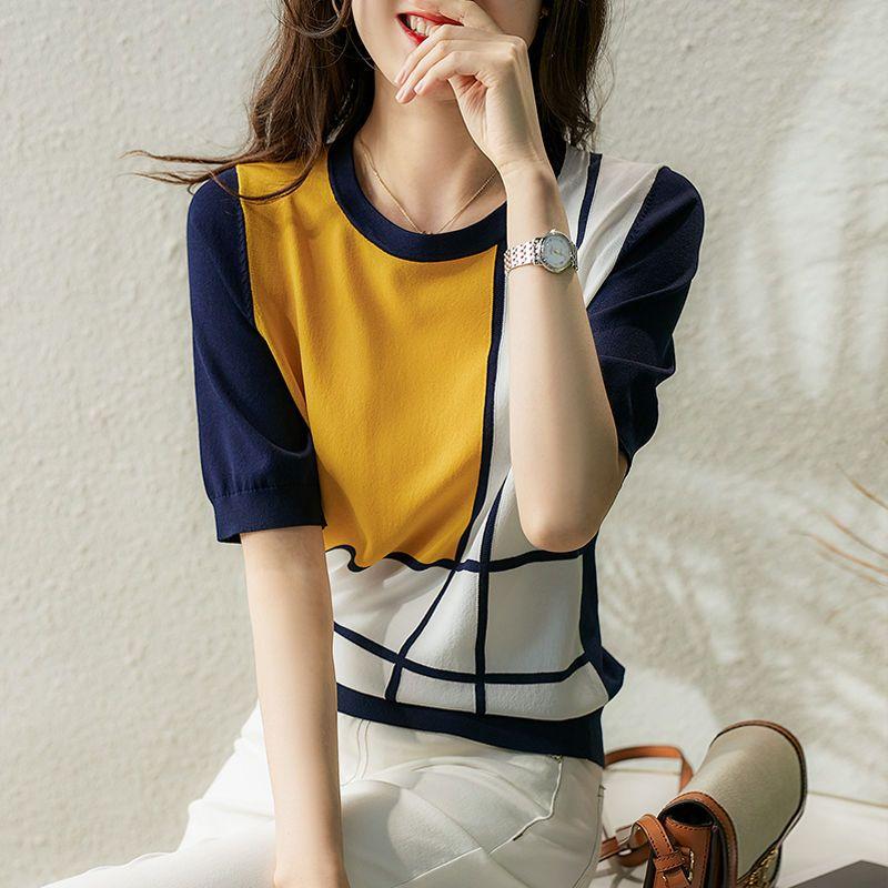 

Женская трикотажная футболка с короткими рукавами, летняя, тонкий дизайн, свободная, с цветными блоками, трикотажная рубашка из ледяного шелка, короткий топ XL