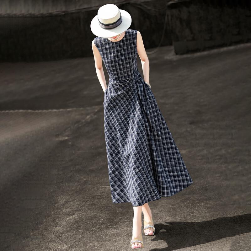 Lanser 2026 French Retro Pleated Plaid Sleeveless Vest Dress XXL