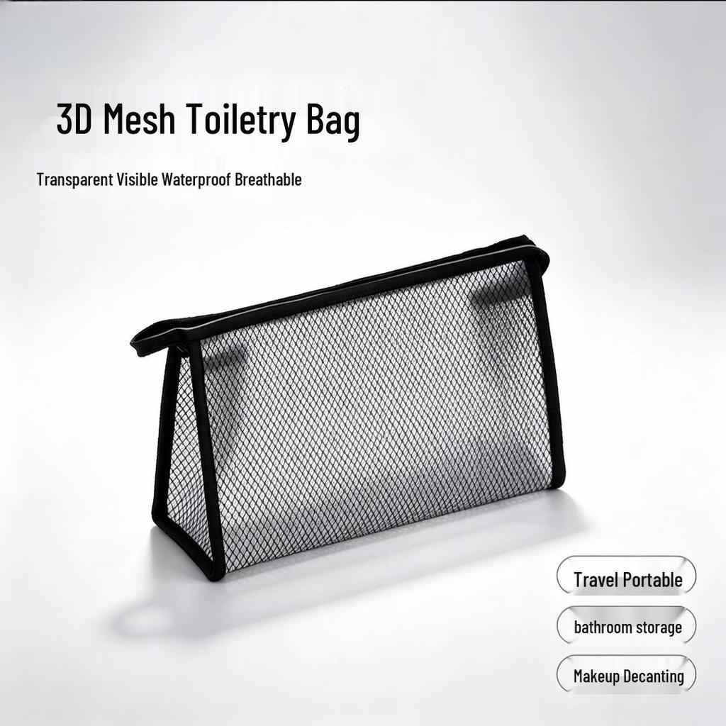 Transparent 3D EVA Mesh Makeup Wash Bag - Black & White, Portable Travel Storage