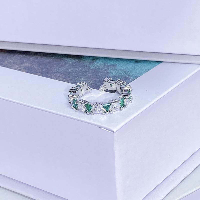 Light Luxury Color Treasure Cool Feeling Green Super Fairy Super Flash Full Diamond Inlaid Zir*****Pening Ring Small Cool Senior Ring Woman