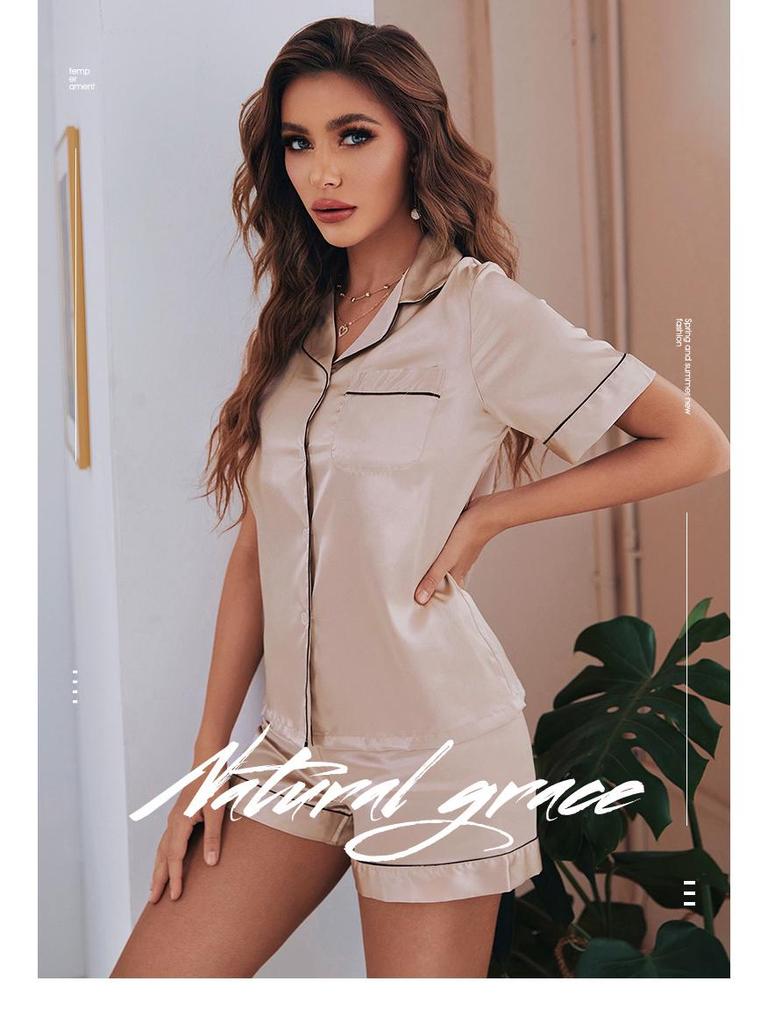 Women's Summer Striped Pajama Set: Short Sleeve, Solid Color, Casual Homewear