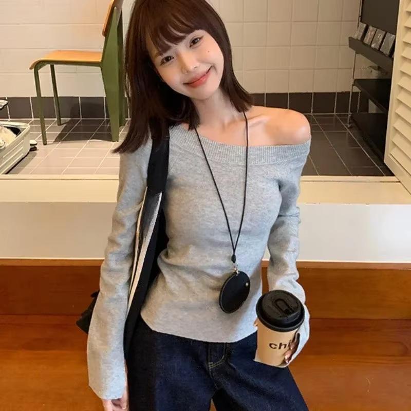 Sexy Svetry Dámské Odhalená Ramena Zkrácené Pletené Základní Oblečení Podzim Vše-ladící Boční Rozparek Jednoduché Jemné Štíhlé Vznešené Svodné