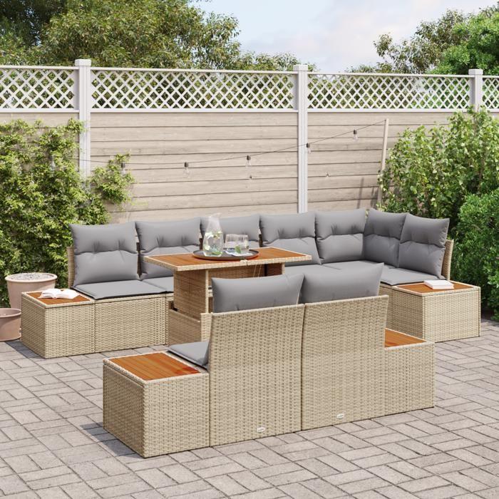 VidaXL Ensemble de salle à manger de jardin de 9 pièces avec coussins en poly rotin beige et acacia 3350082