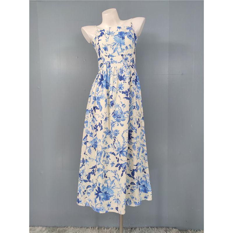 

Заказ внешней торговли H Домашний лен Ткань Слинг Топ-труба Пуш-ап Стиль Облегающий талию Лестный Большой подол Повседневное Платье для отпуска Blue Flower L