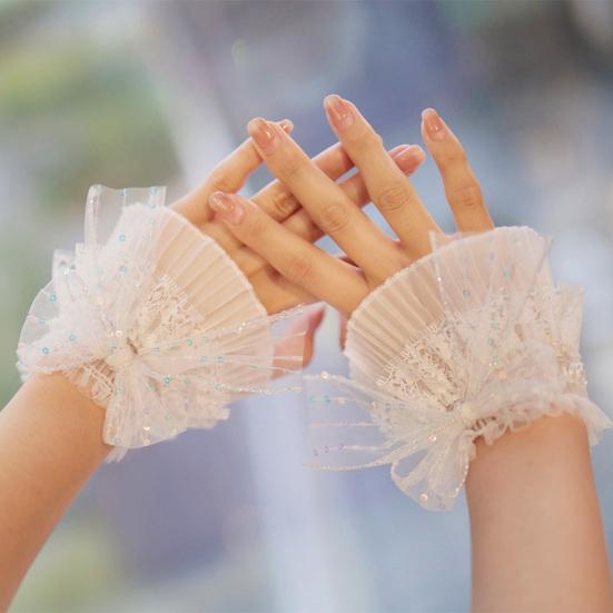 White Lace Wrist Cuffs for Women Short Sequined Tulle Fingerless Gloves Elastic Ruffle Wristband for Halloween Wedding Tea Party Masquerade Nightclub