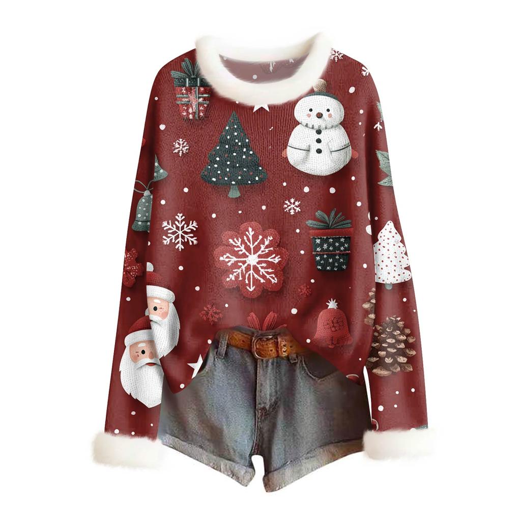 Women's Fashionable Christmas Printed Wool Collar Sweater Casual Long Sleeved Knitted Pullover Top