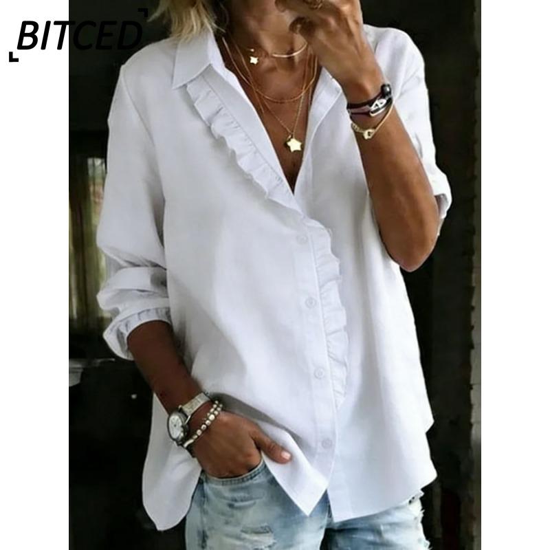 BITCED Women's Fashion Casual Solid Color Print Long Sleeve V-Neck Blouses & Shirts