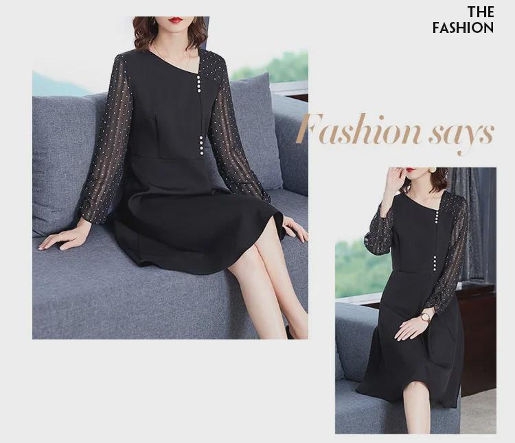 [Clearance] Elegant Spring Dress with Slim Waist, Beaded Polka Dot Long Sleeves - Plus Size