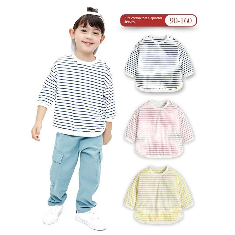 Girl Long Sleeves T-Shirt 2024 New Arrival Spring & Fall Boy's 3/4 Sleeve Kids Stripes Bottoming Shirt Baby 100% Cotton Coat