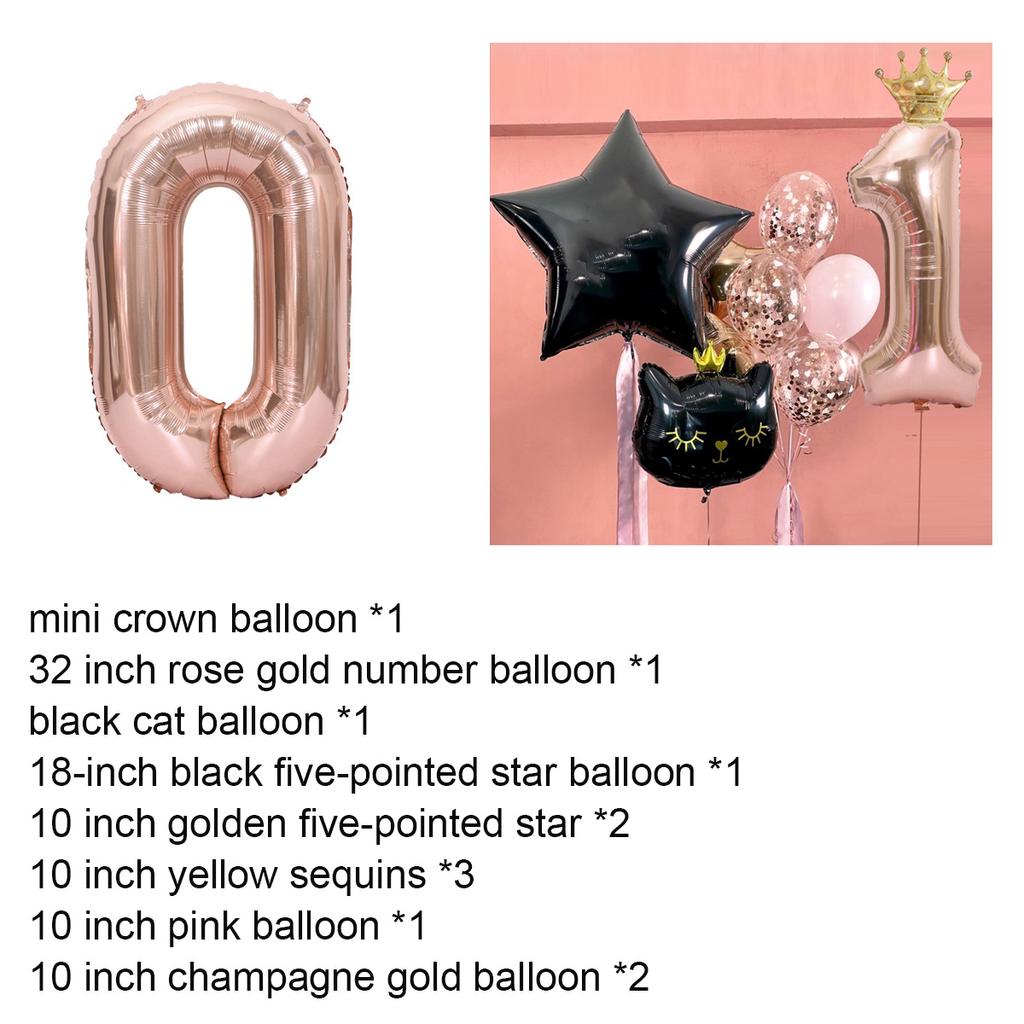 12Pcs Rose Gold Number Crown Cat Balloons Set Metallic Latex Five-pointed Star Sequin Balloons for Happy Birthday Party Decorations