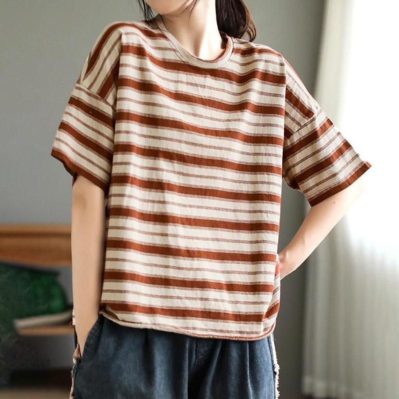 T-shirt for Women Summer Large Size Cotton T-shirt Soft Loose Printed Casual Striped Pullover T-shirt Top