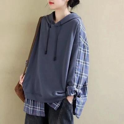 Casual Koreaanse Stijl Lange Mouw Shirt Hoodies voor Vrouwen Harajuku Oversized Geruit Patchwork Hooded T-shirts